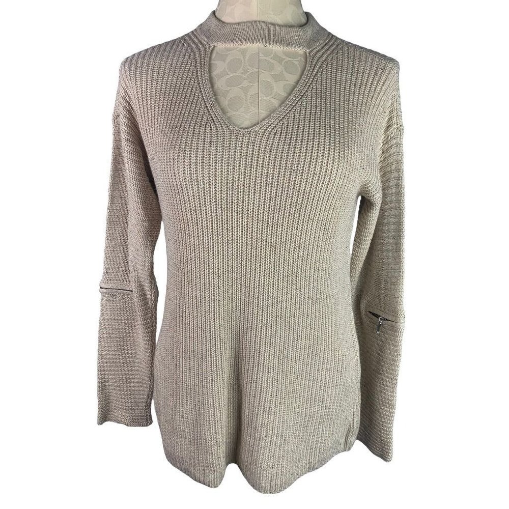 Small Neely Women's Beige Pullover Cashmere Silk Blend Sweater Arm Zipper Detail